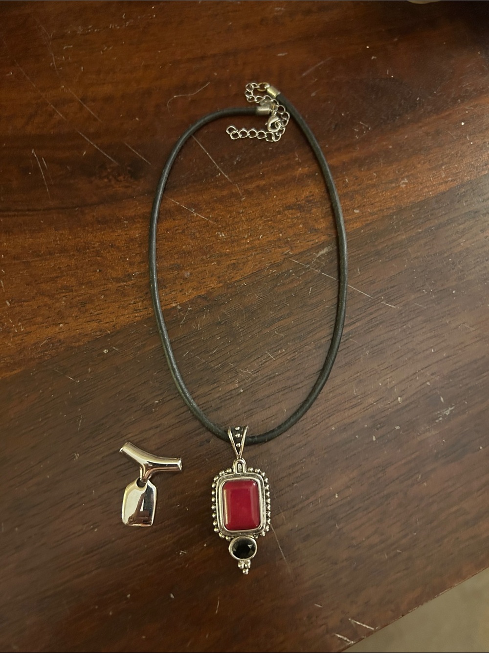 Red Stone Pendant Necklace on Black Cord and extra slide - Women Jewelry